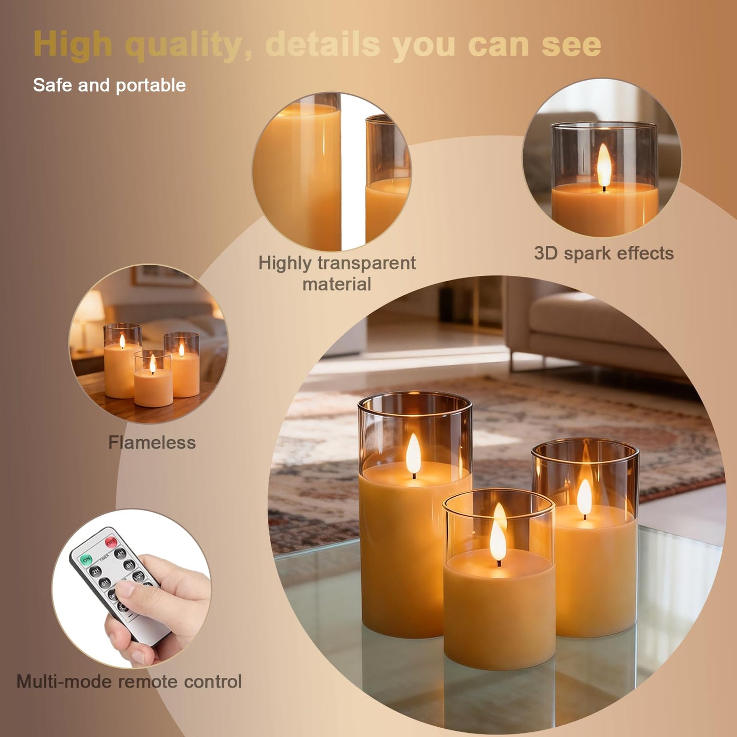 Eynshoo Gold Flameless LED Candles with Remote & Timer, 3-Piece Flickering Pillar Candle Set, Realistic Flame Effect, Adjustable Brightness, Battery Operated Candles for Home Decor, Wedding & Holiday