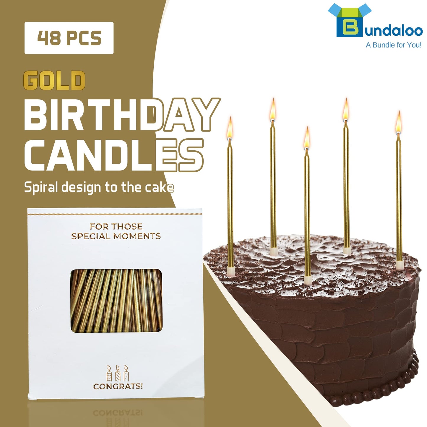 Bundaloo Gold Birthday Candles for Cake - Set of 48 with Plastic Holders - 5.5" Long, 0.20" Thickness