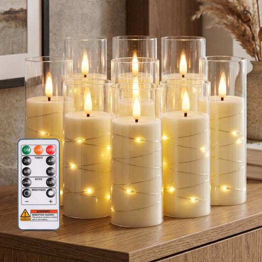 Homemory Flameless Candles with Remote Timer, Clear Acrylic Flickering LED Pillar Candles with Embedded Fairy String Lights, Battery Operated Candles for Wedding Fireplace Lantern Home Decor, Set of 9