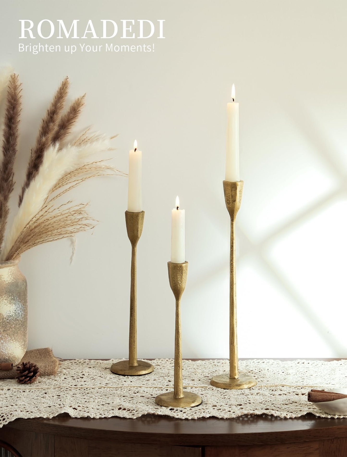 Romadedi Gold Candlestick Candle Holder - Cast Iron Taper Candle Stick Holders Brass Antique Decor Tapered for Wedding Dining Table Christmas Mantel Home Decoration Set of 3