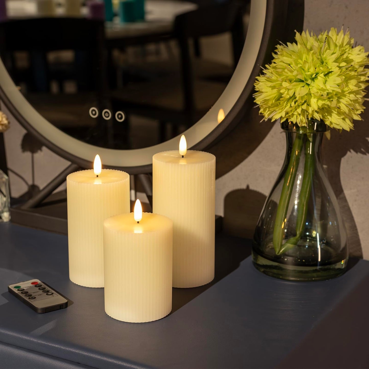 ANGELLOONG Ribbed Flameless Pillar Candles with Remote, Set of 3 Ivory Real Wax LED Candles Battery Operated with 2/4/6/8H Timer for Home Decor, Bathroom, Living Room