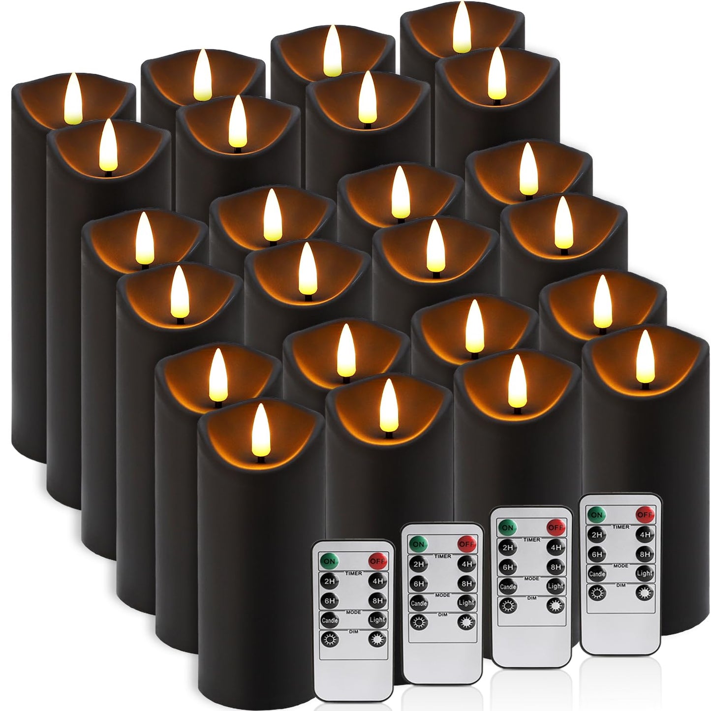 fclayvts Realistic Flameless LED Candle Black Set of 24, Battery Operated with Remote Control, 3D Flame Pillar Timer Funtion Melted Top Safe,Perfect for Indoor/Outdoor Decor,Wedding,BBQ and Gift