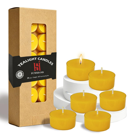 Yellow Candles Tea Lights Smokeless Lemon Scent Tealight Candles Handmade Tealights Set of 24 Long Burning for Wedding Meditation Dinner Home Decor
