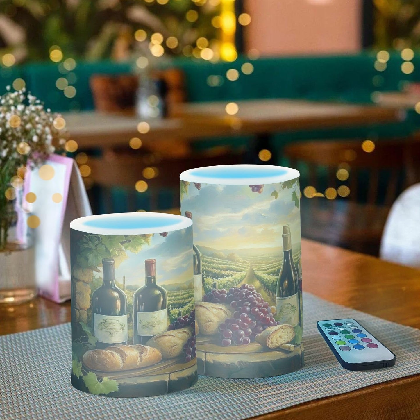 ALAZA Flickering Flameless Candles Red Wine Bottles Grapes Bread Battery Operated Candles with Remote Timer LED Pillar Votive Candles Set of 2 for Holiday Decor