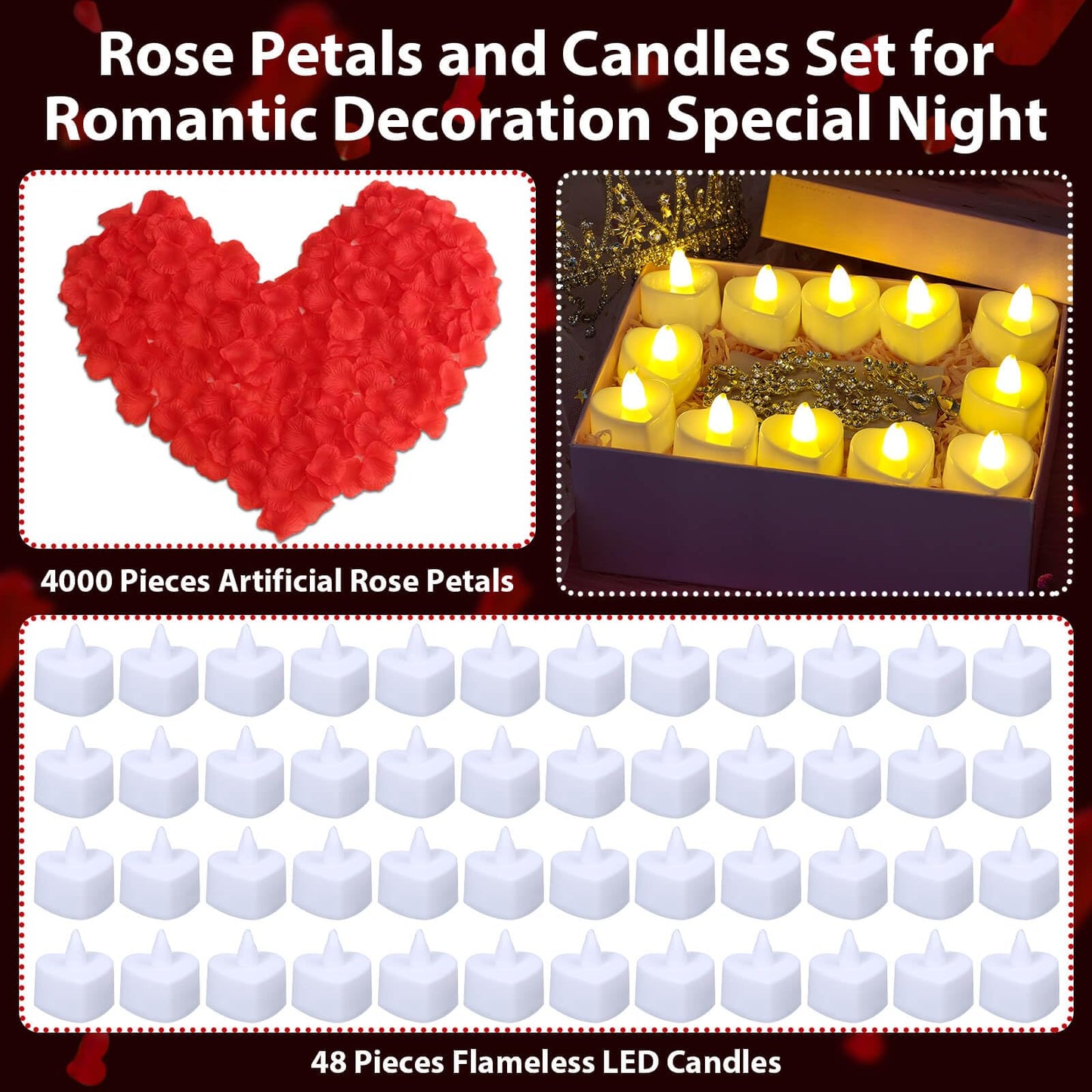 Audab Rose Petals and Candles Set for Romantic Decorations, 48 Romantic Candles with 4000 Fake Rose Petals for Special Night, Hotel Room, Date Night, Bedroom, Valentine's Day Decorations
