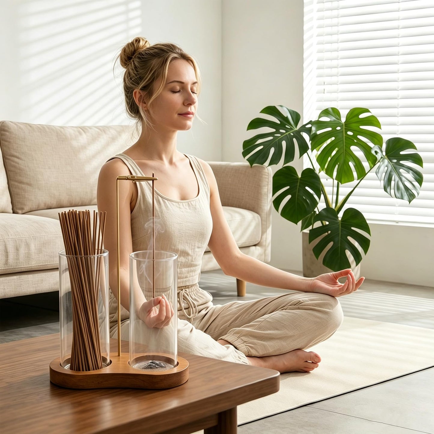 E-DAYS 2-in-1 Hanging Incense Holder, Upside Down Incense Burner with Glass Ash Catcher & Storage Compartments– Modern Wooden Home Decor, Easy to Clean
