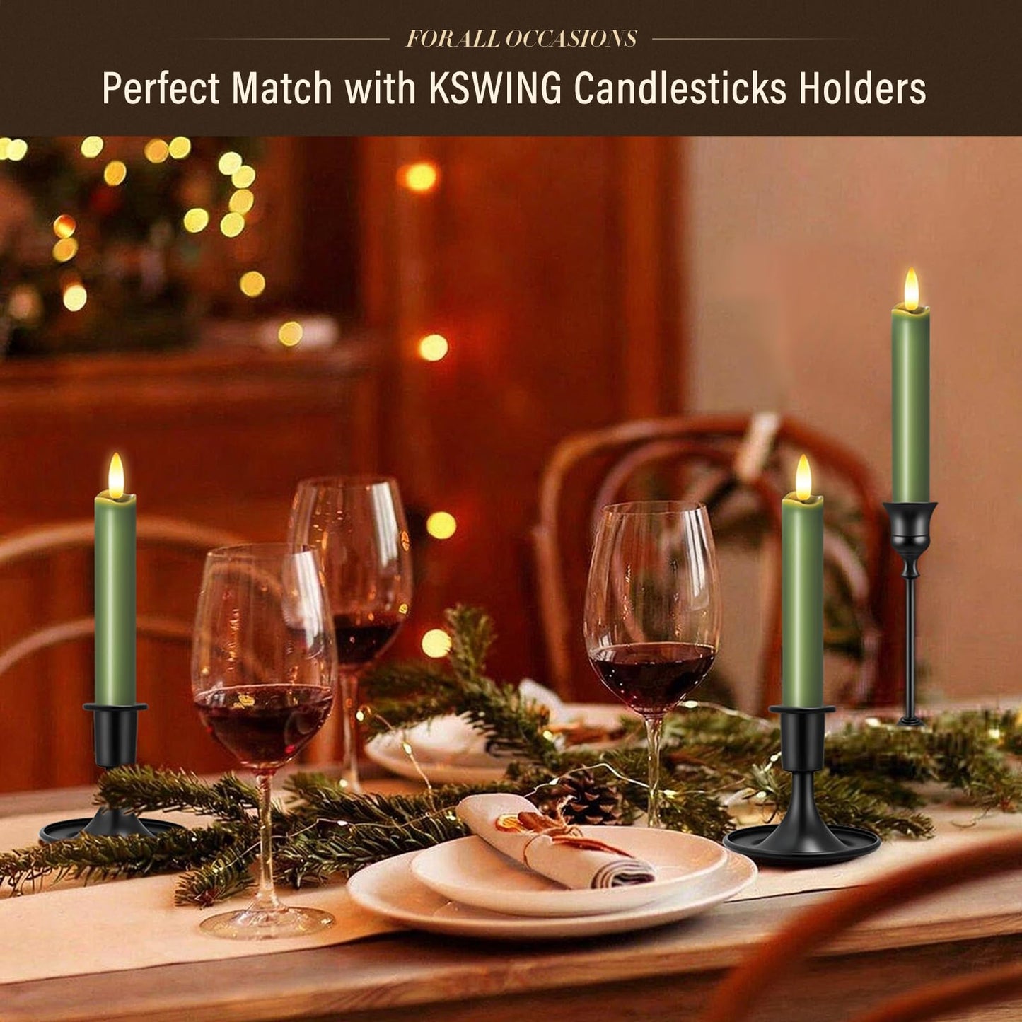 KSWING Upgraded Real Wax Short LED Flameless Green Taper Candles with Remote, 6 PCS Candlesticks Battery Operated - 6" Realistic Fake Candle Sticks for Home/Wedding/Fireplace Xmas Decor