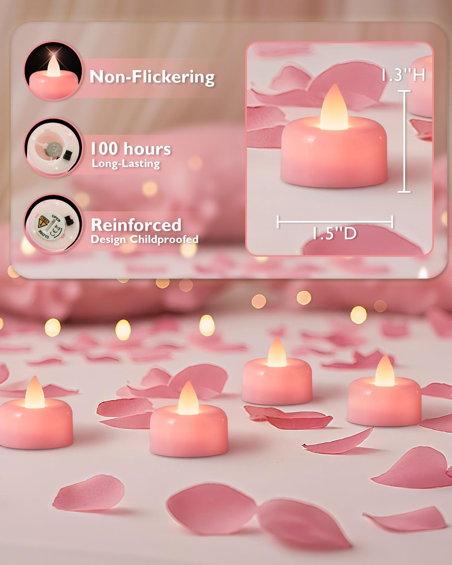 Amagic 24 Pack Pink Flameless LED Tea Lights Candles Battery Operated, Electric Fake Tealight Candles for Votive, Wedding, Table Centerpiece, Theme Party, Aniversary, Proposal, Christmas, Pink Base