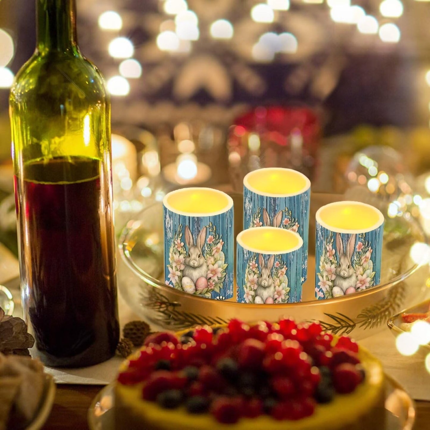 NEITLGEN Easter Decorative Flameless Candles with Timer Remote, Flickering Battery Operated LED Pillar Candles Set of 4 Floral Bunny Blue Wood Grain