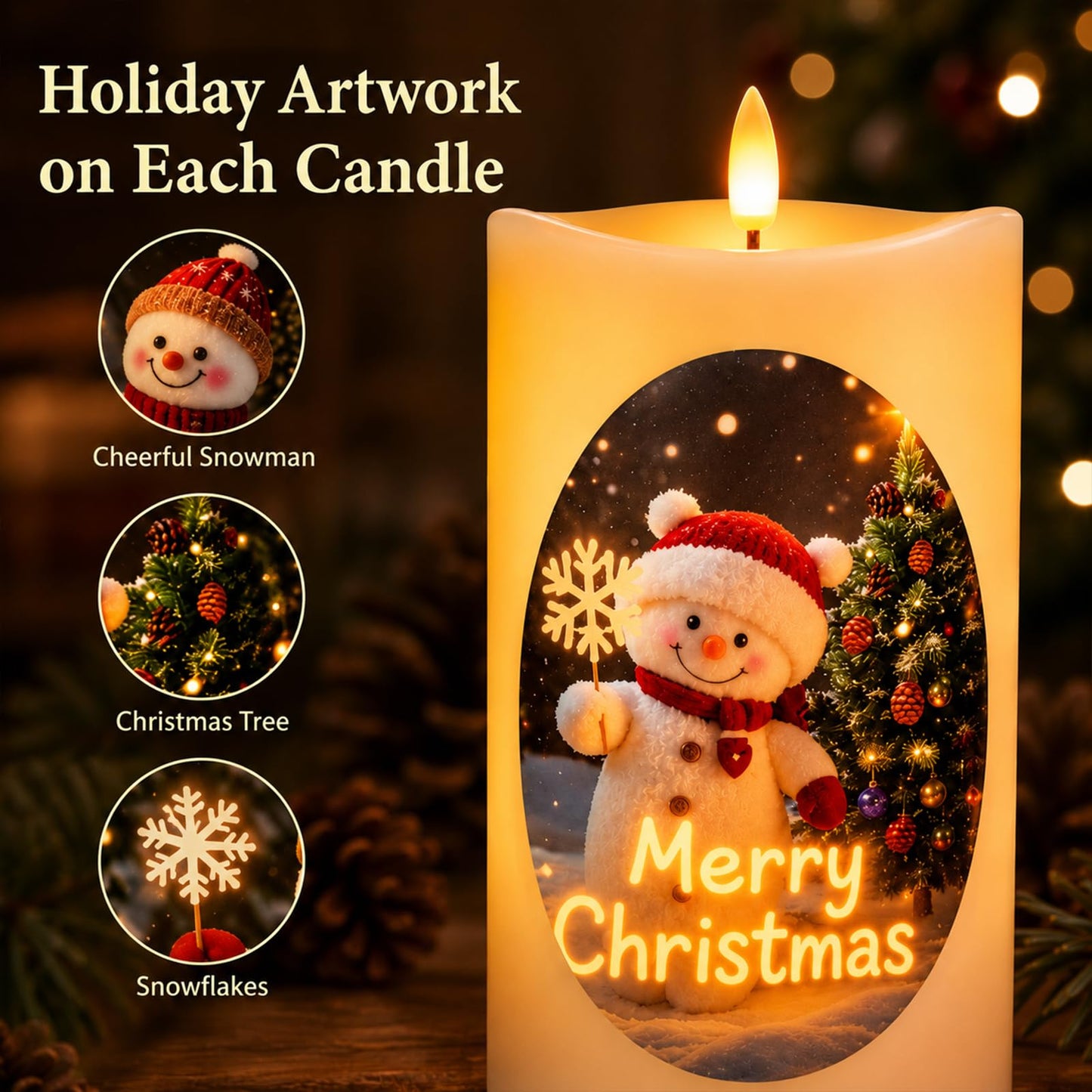 Tzgckui Flameless Candles, Battery Operated Led Flickering Flameless Candles 3 Pack for Christmas, White Cylindrical with Winter Scene, Remote Control & Timer, 4/5/6 Inch for Holiday Home Decor