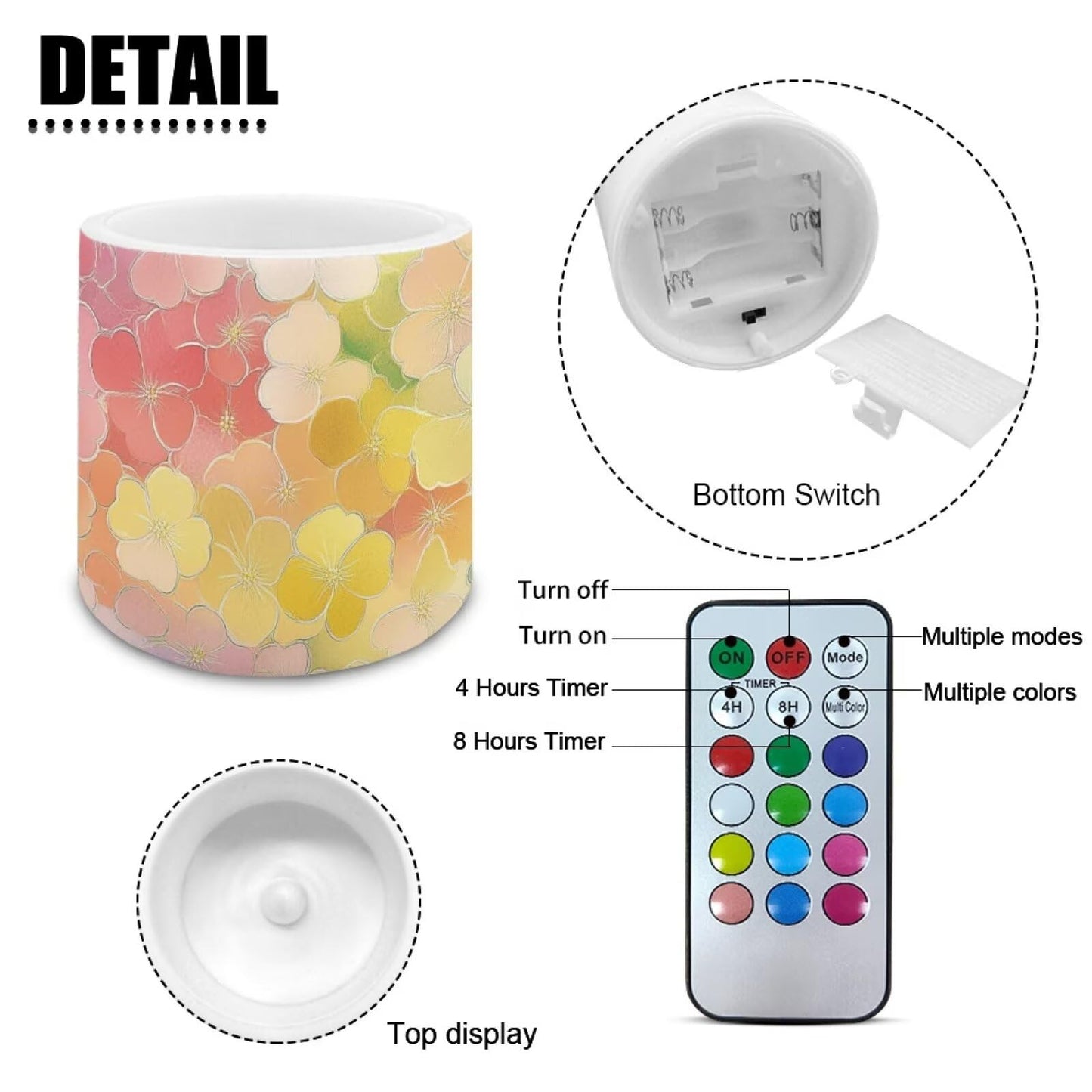Cozeyat Colorful Floral Flameless Candles 4 Pack Battery Operated with Remote Control Timer LED Pillar Candles Waterproof for Home Patio Beach Garden