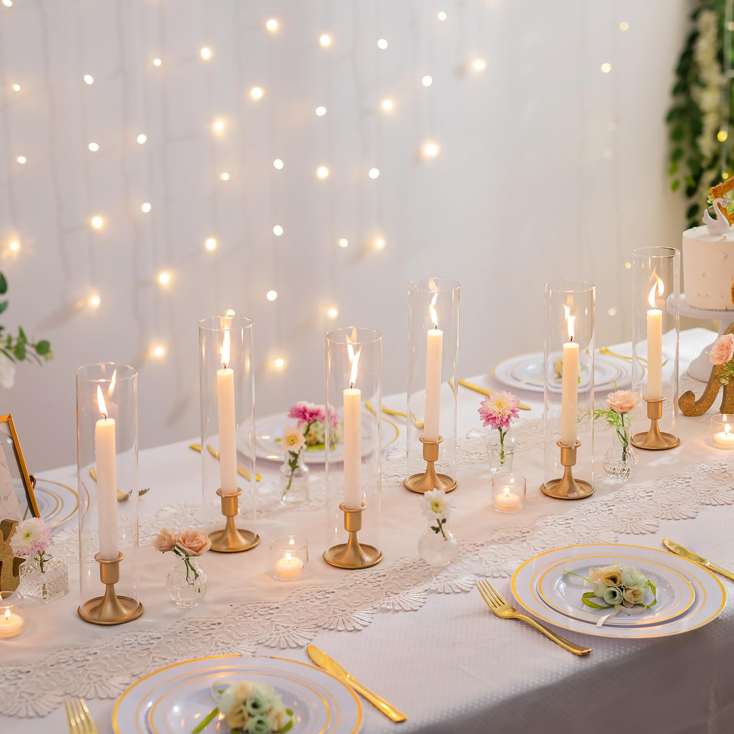 Romadedi Hurricane Candlestick Holders Gold - Taper Candle Holders Tall Clear Glass Cylinder for Wedding Table Centerpieces Party Decor Birthday Christmas Home Decorations Set of 2