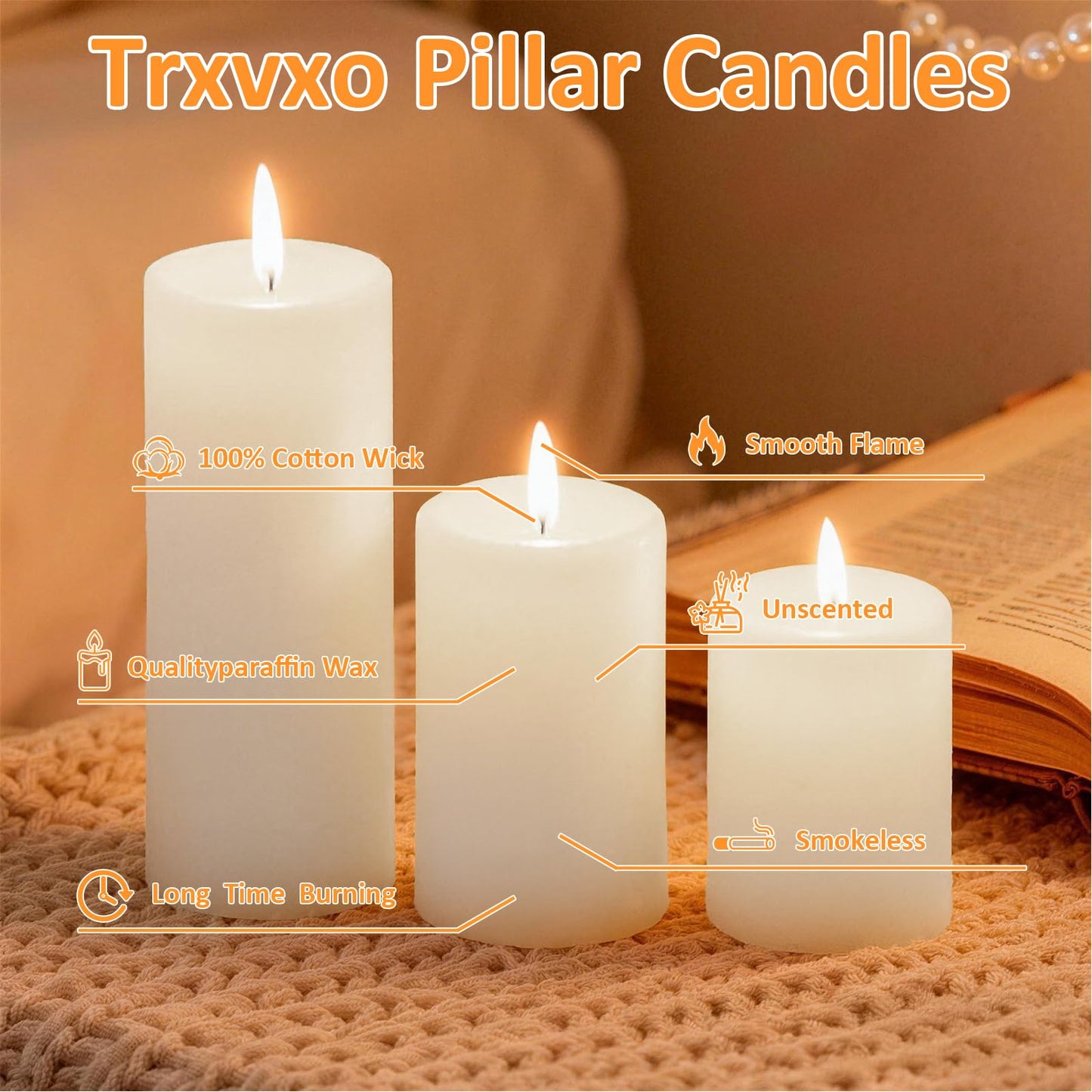 Trxvxo 6-Pack White Pillar Candles Bulk Set - Assorted 3 Sizes (3, 4, 6 Inch, 2 Each), Long-Lasting Dripless, Unscented & Smokeless Hurricane Candles for Wedding, Dinner Party & Romantic Atmosphere.
