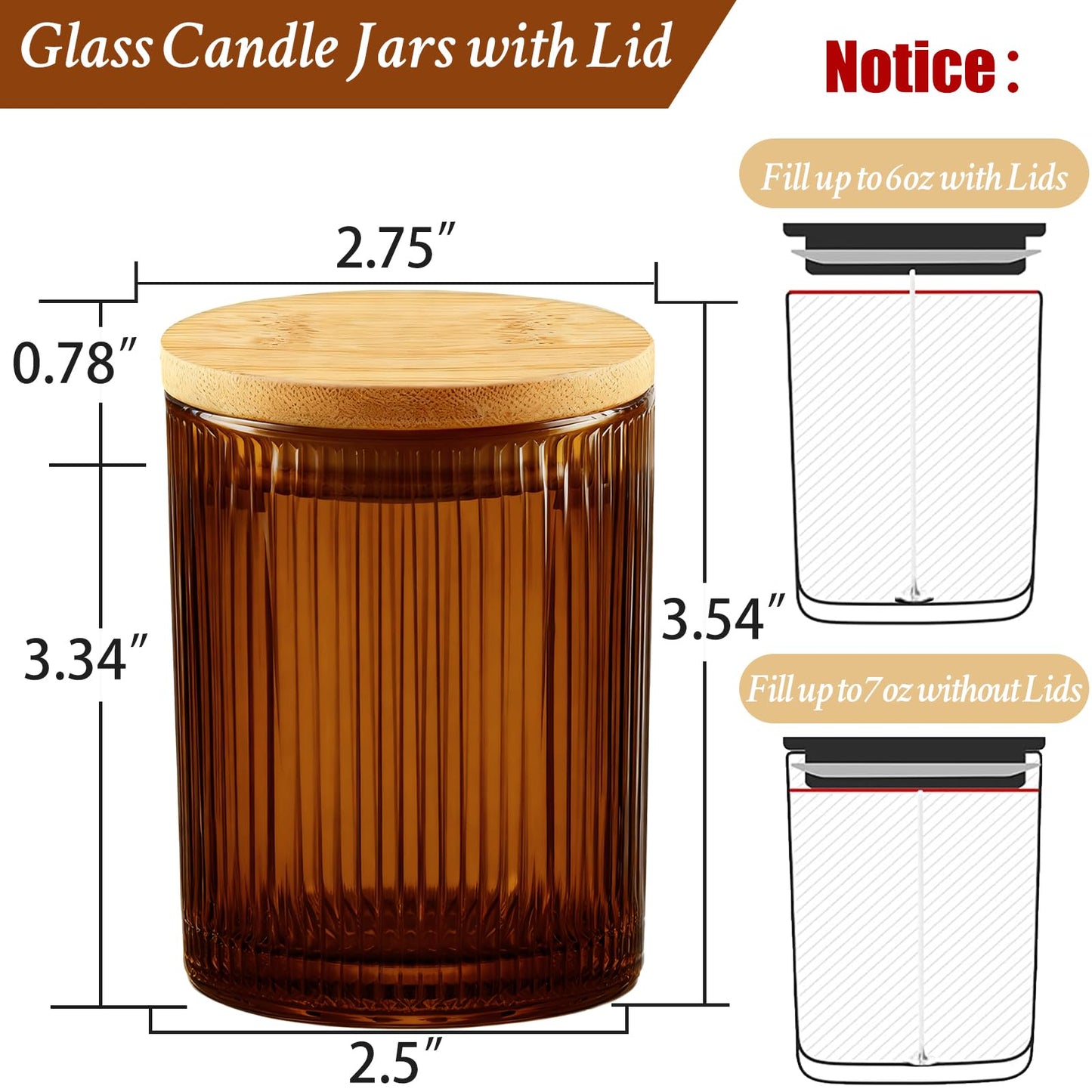 CONNOO 16pcs Ribbed Candle Glass Jars with Natural Bamboo Lids, 7oz Thick Containers for Candle Making with Wicks & Stickers, Ribbed Amber Jars for DIY Projects, Bulk Orders, Gifts & Home Décor