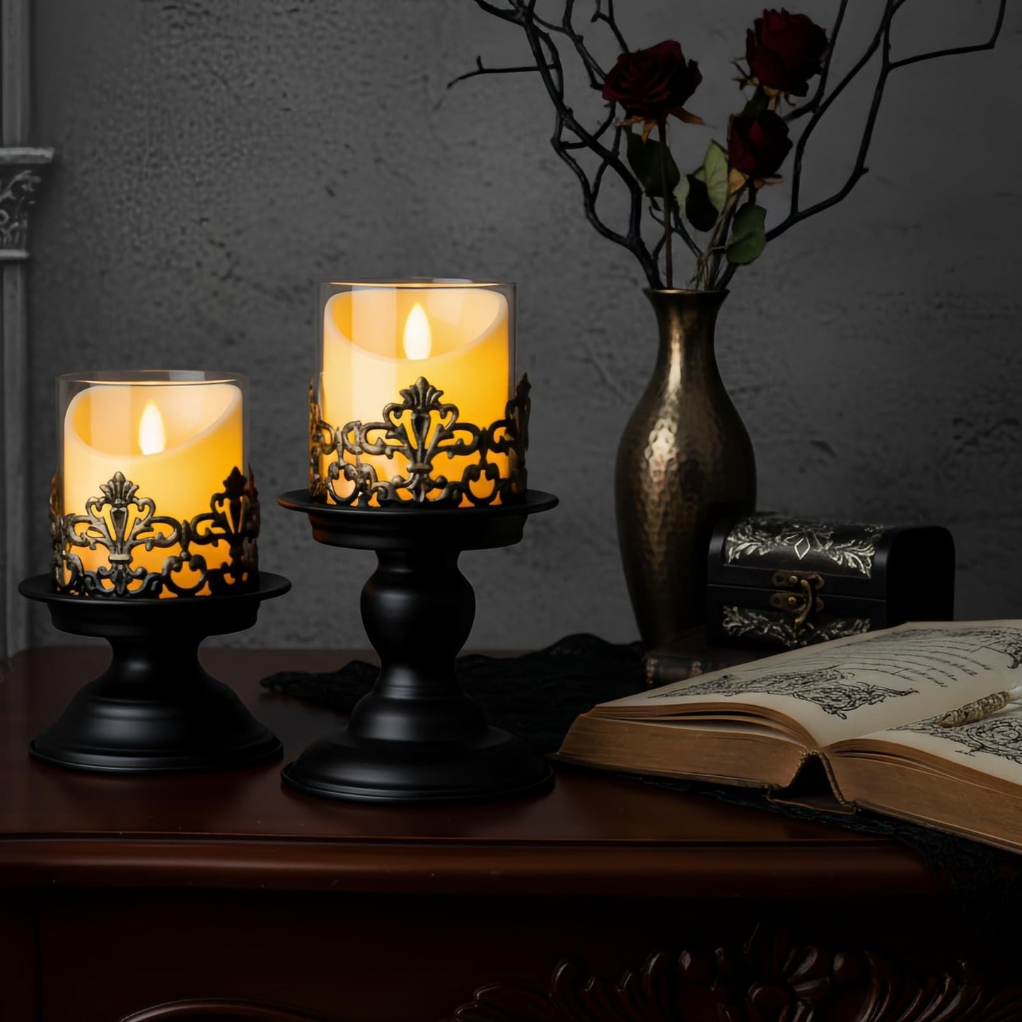 Woparty Gothic Hurricane Candle Holders, Black Metal with Glass Sleeve, Set of 2 Decorative Pillar Holders, 5.9 and 7.9 Inch Height, 4 Inch Diameter