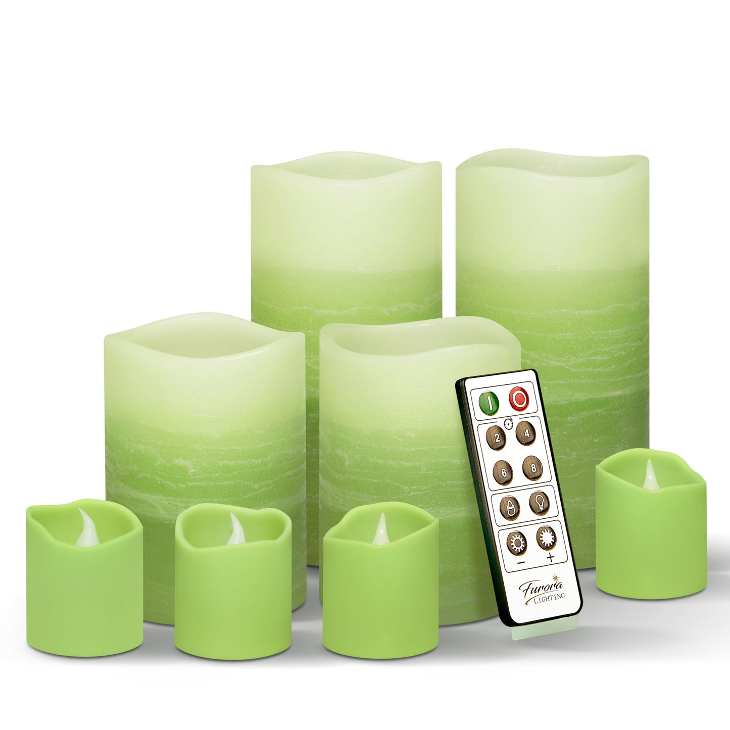 FURORA LIGHTING Green Ombre Flameless Candles - Real Wax, Adjustable Brightness, Remote & Timer - 4 Pillars (3x4, 3x6) and 4 Votives, 8-Pack, Battery Operated