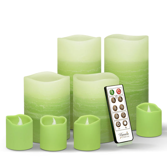 FURORA LIGHTING Green Ombre Flameless Candles - Real Wax, Adjustable Brightness, Remote & Timer - 4 Pillars (3x4, 3x6) and 4 Votives, 8-Pack, Battery Operated