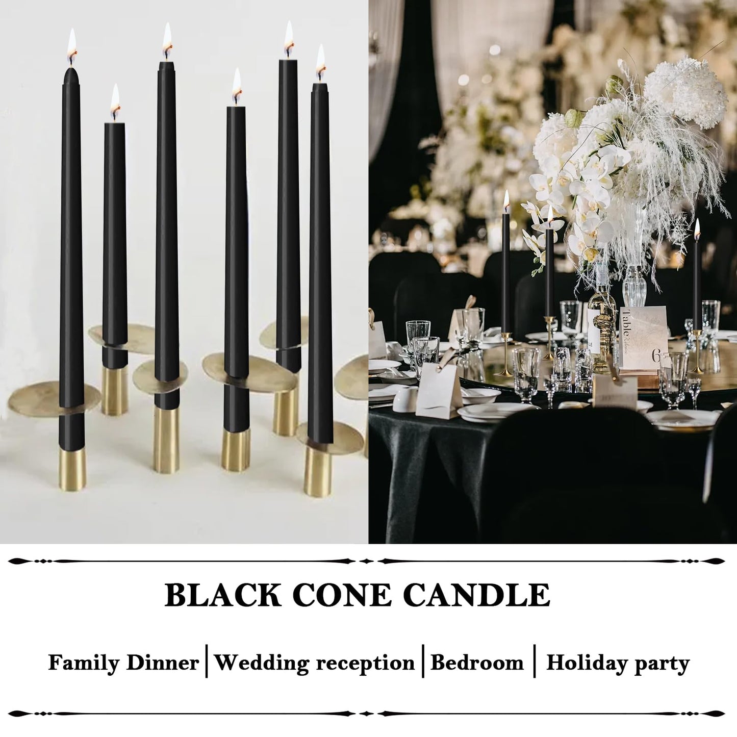 0.87×12 Inch Black Taper Candles, 6 Pack Halloween Taper Candles with Cotton Wicks, Unscented and Smokeless Tall Candlesticks Ideal for Weddings, Dinner Festivals, and Home Décor