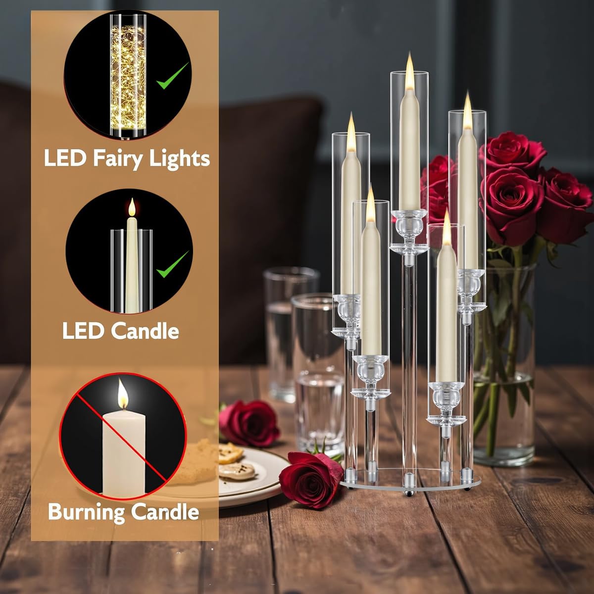 4PCS 5 Arm Acrylic Candelabra for Table Wedding Centerpiece,Crystal Clear Candle Stick Holders Candelabra Centerpiece Stands with Removable Lampshade for Party Easter Baby Shower Fit 0.8 LED Candle