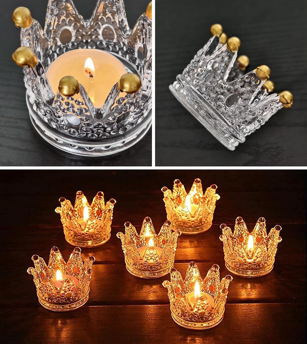 Vixdonos Crown Glass Tealight Candle Holder Set of 12 Votive Candle Holders for Wedding, Party and Home Decor (Gold Tips)