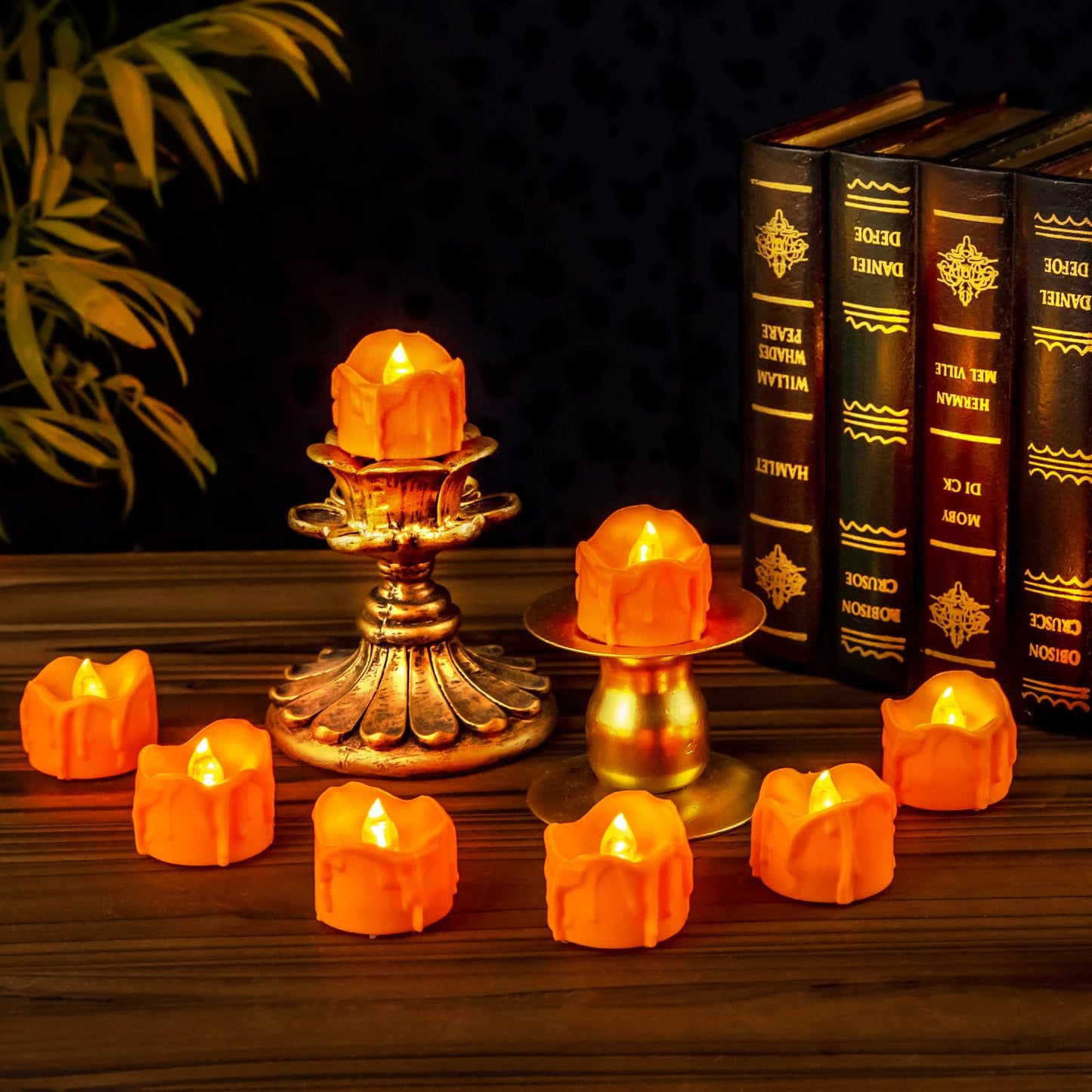 Windshell Orange Tealight Candles with Auto 6H Timer (No Remote), Battery Operated LED Flameless Tea Lights with Melting Design, for Halloween Thanksgiving Party, 12 Pack