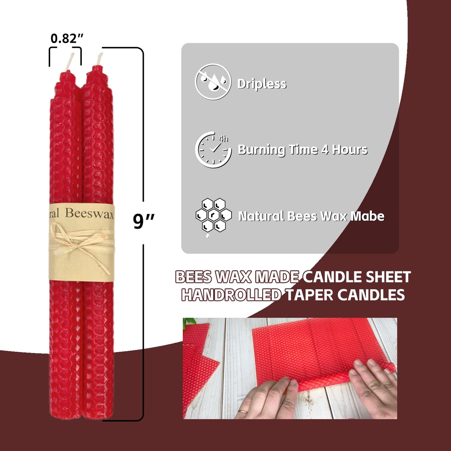 14 Pack Beeswax Taper Candles, Handmade Bees Wax Candle for Home, Unscented & Dripless Candle Sticks, 9" Tall, Red Beeswax Candles by Kissingfish