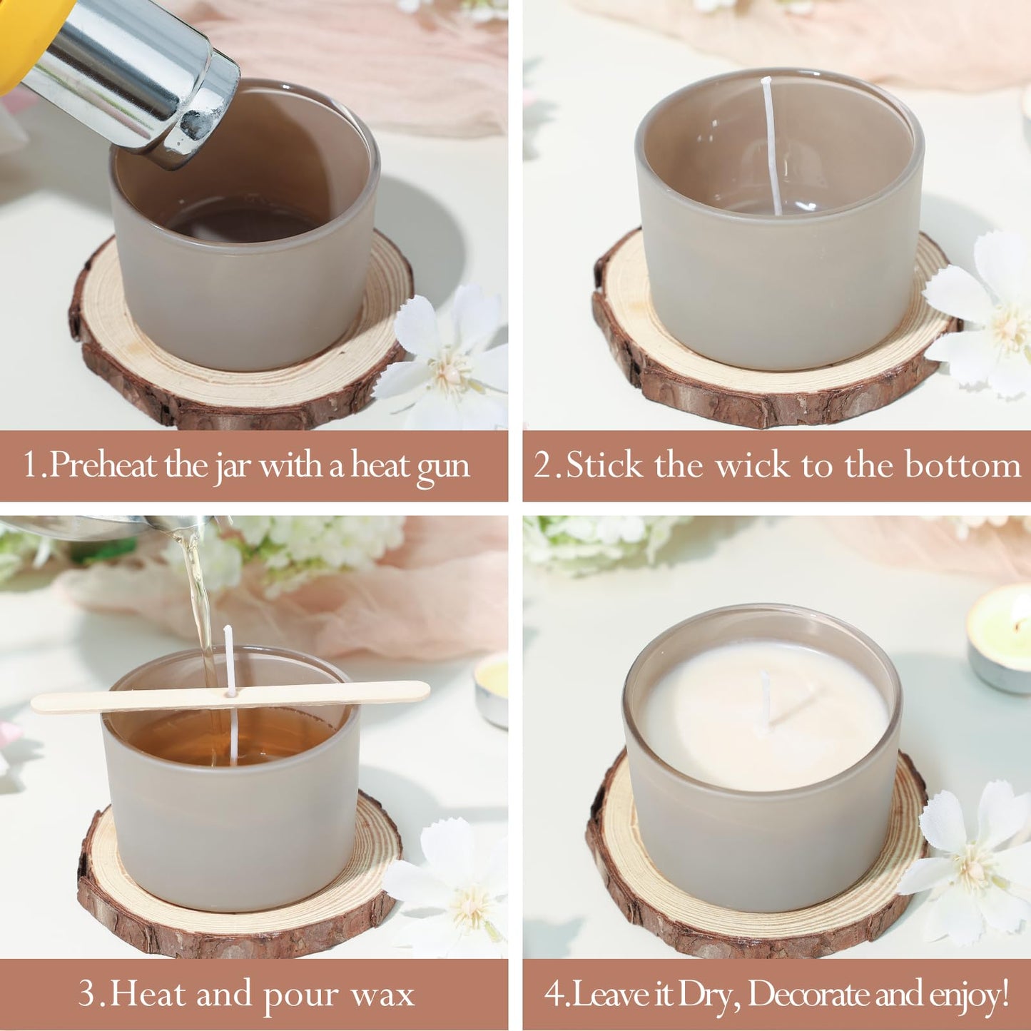 CONNOO 15 Pack 4oz Spring Glass Candle Jars with Airtight Bamboo Lids for Making Candles, Bulk Small Wide Mouth Empty Candle Containers with Sticky Warning Labels - Dishwasher Safe