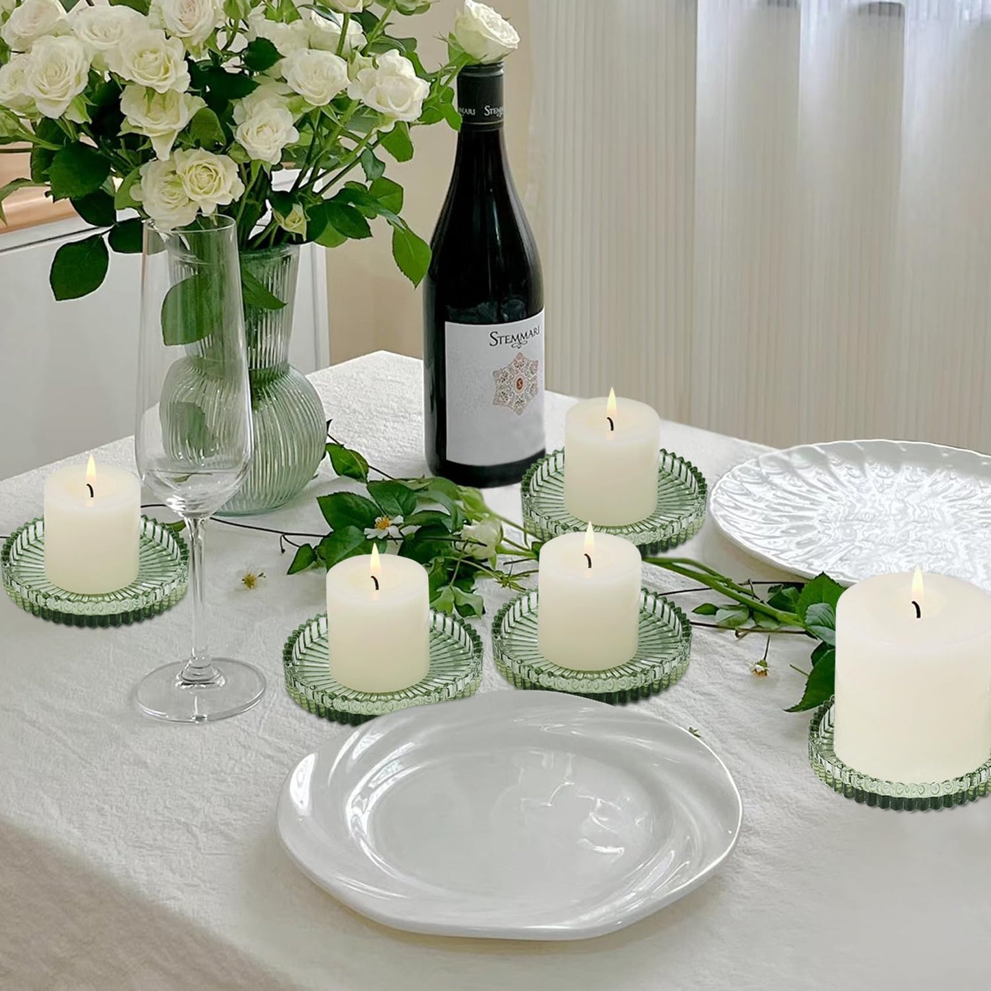 CHOCSTAY Glass Pillar Candle Holder, 4" Green Candle Plates Set of 6, Glass Candle Holders for Wedding, Party, Holiday, Home Decor, Table Centerpiece