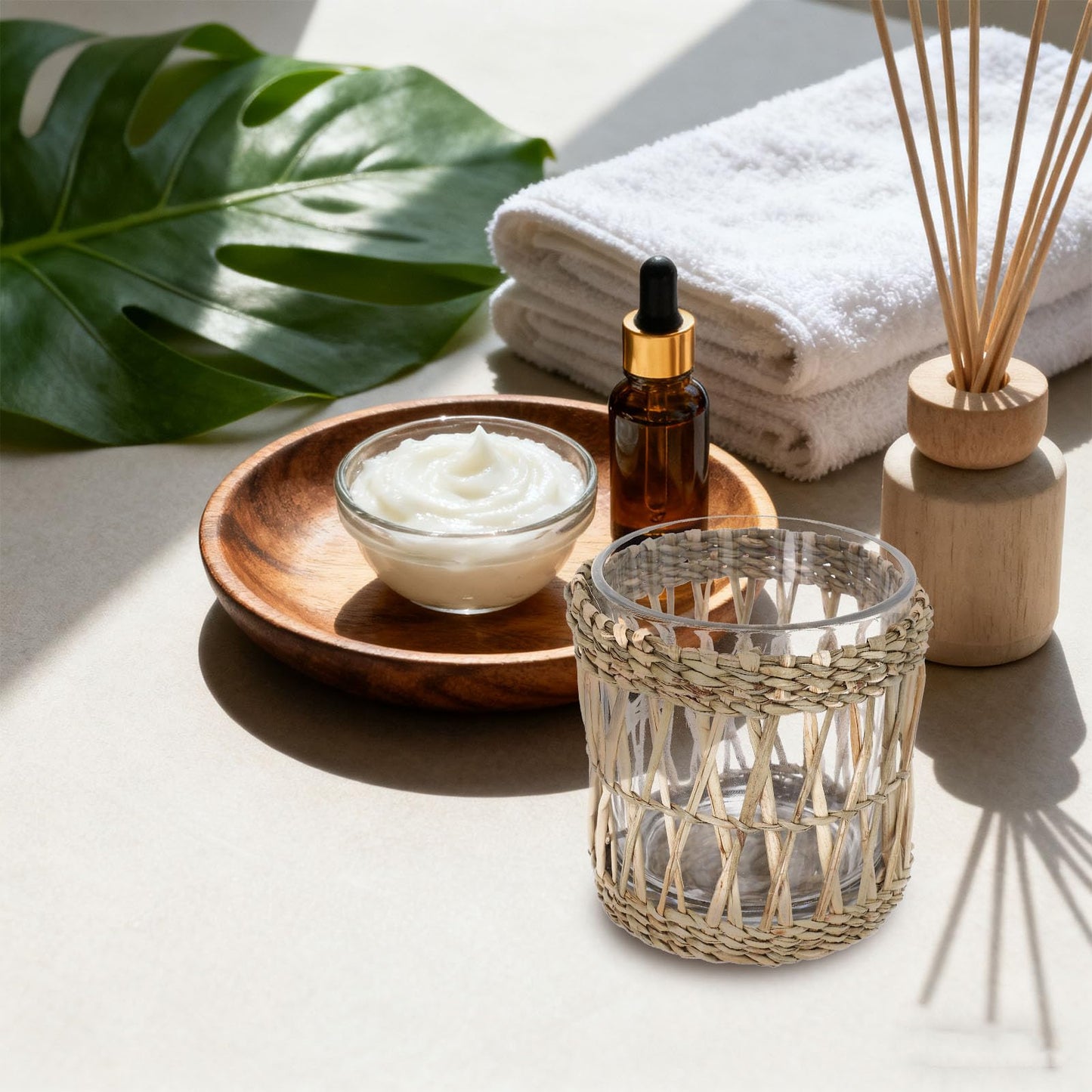 MAGICLULU Glass Tea Light Candle Holder Cups 7cm Diameter, Handwoven Straw Cylinder Votive Holders for Dining Room Table Centerpiece and Home Decor