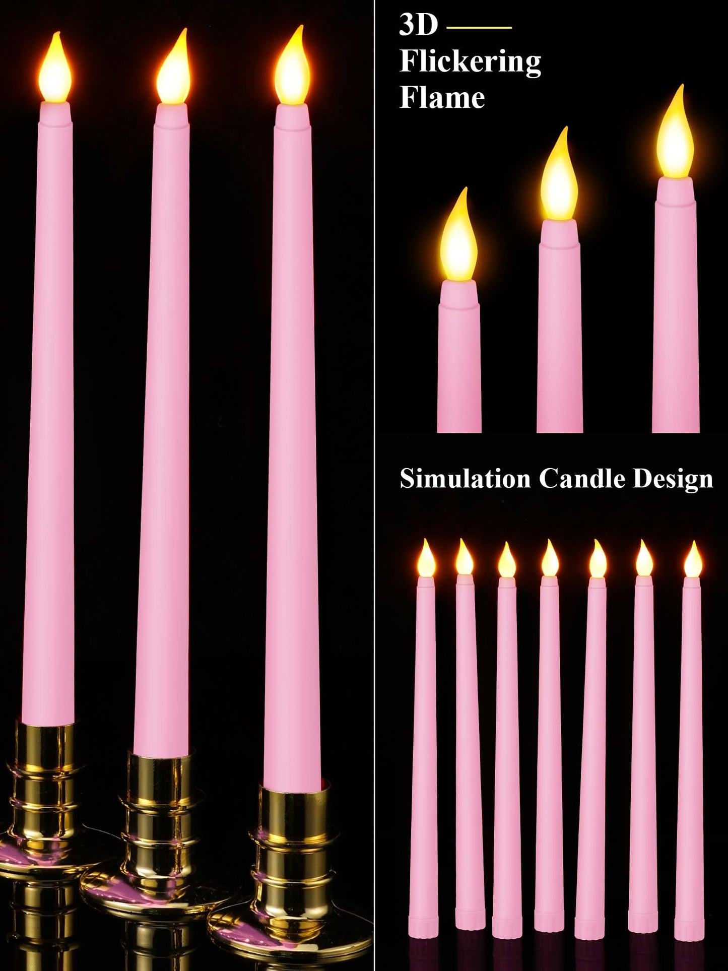 Funtery 48 Pcs Flameless LED Taper Candles Battery Operated Candles Bulk Realistic LED Candlesticks Flickering for Wedding Church Graduation Party Home Decor(Pink,Classic Style)