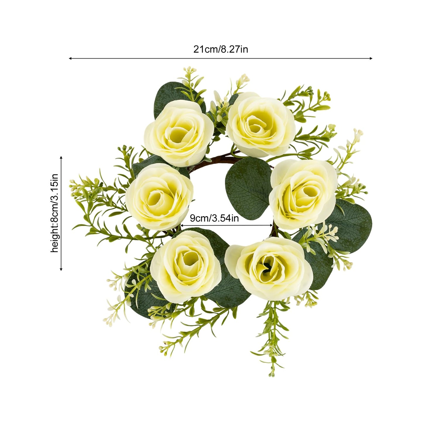 Candle Rings Wreath Centerpieces 10Pcs Cream Rose Candle Floral Wreaths 8.27In Artificial Flowers Rings Wedding Party Decor (Cream, Green)