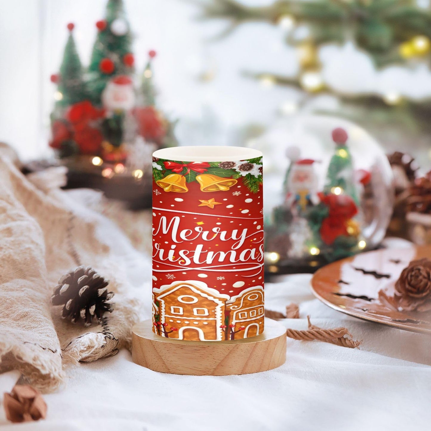 BOENLE Flickering Flameless Candles, Christmas Gingerbread Holly Berry Bell LED Candles with Remote Timer, Set of 2 Battery Operated Candle for Valentine Wedding Birthday