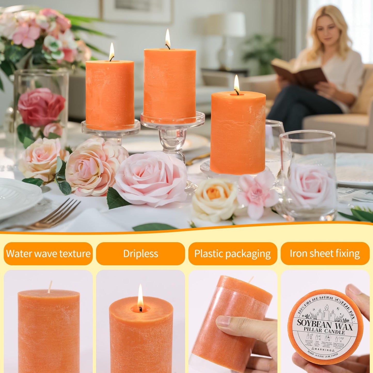 Burnt Orange Rustic Pillar Candles 6 Pack | 2.8" x 4" Soy Wax Candles, 55 H Long Burning, Smokeless Unscented Rustic Candles for Wedding, Home Decor, Farmhouse, Thanksgiving