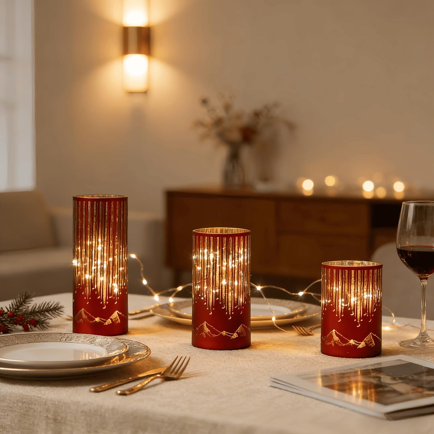 Ashroder Starry Night Elegant Hurricane Candleholders with LED Flickering Lights & Remote Timer, Decorative Glass Hurricanes for Indoor Table Centerpieces & Year-Round Home Decor, Set of 3 (Red)