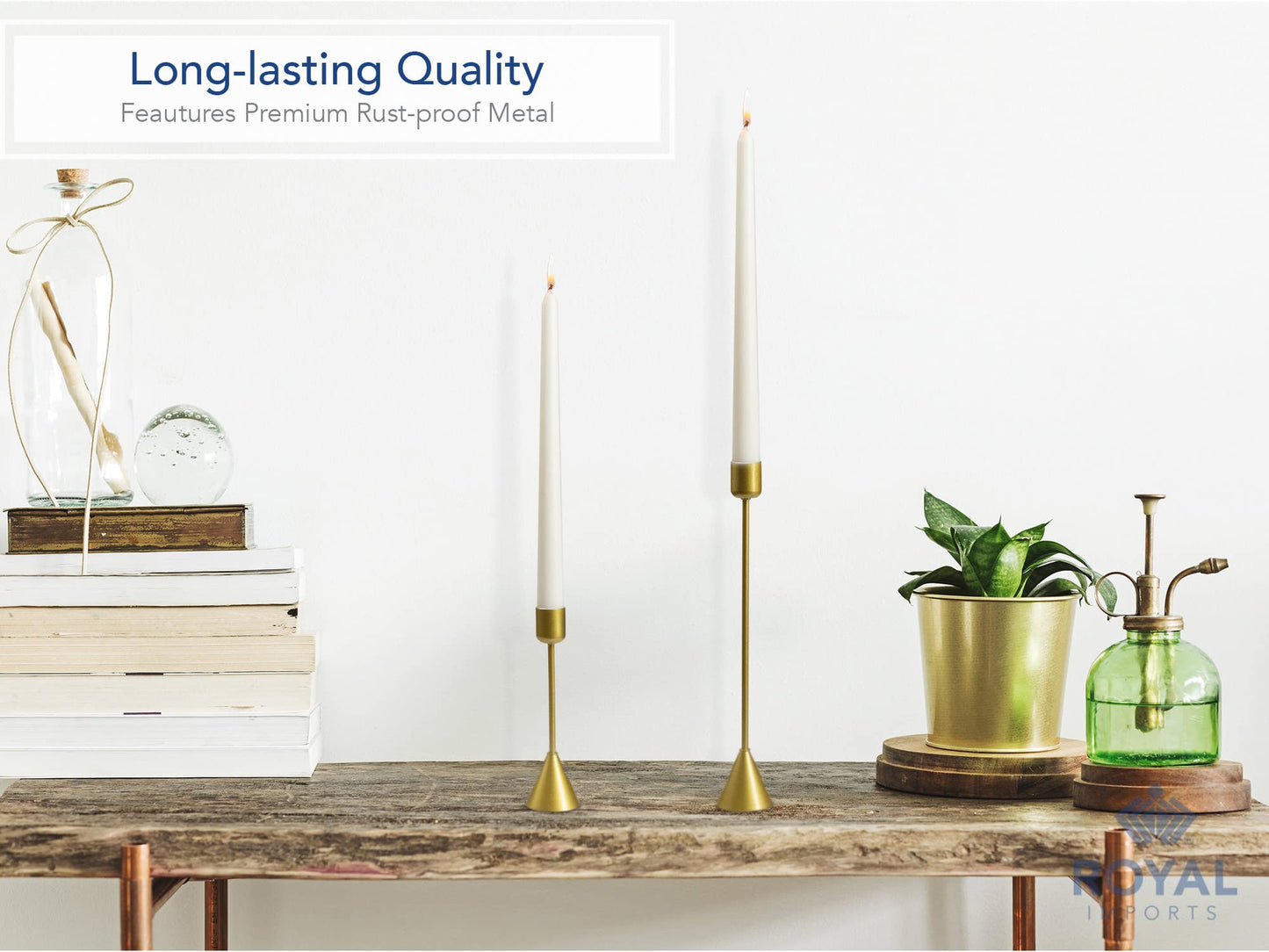 Royal Imports Gold Taper Candle Holder, Modern Metal Tapered Candlestick Holders, Centerpiece Decoration for Home or Wedding, 2 Pc Set, 6" & 10"