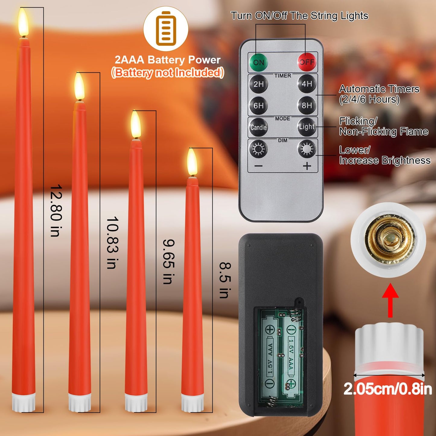 Rossesay 28 Pcs Flameless Taper Candles with Timer Remote 4 Sizes of 8.5", 9.6", 10.83", 12.8" LED Flickering Taper Candles Battery Operated for Valentine's Day Church Wedding Home Decor(Orange)