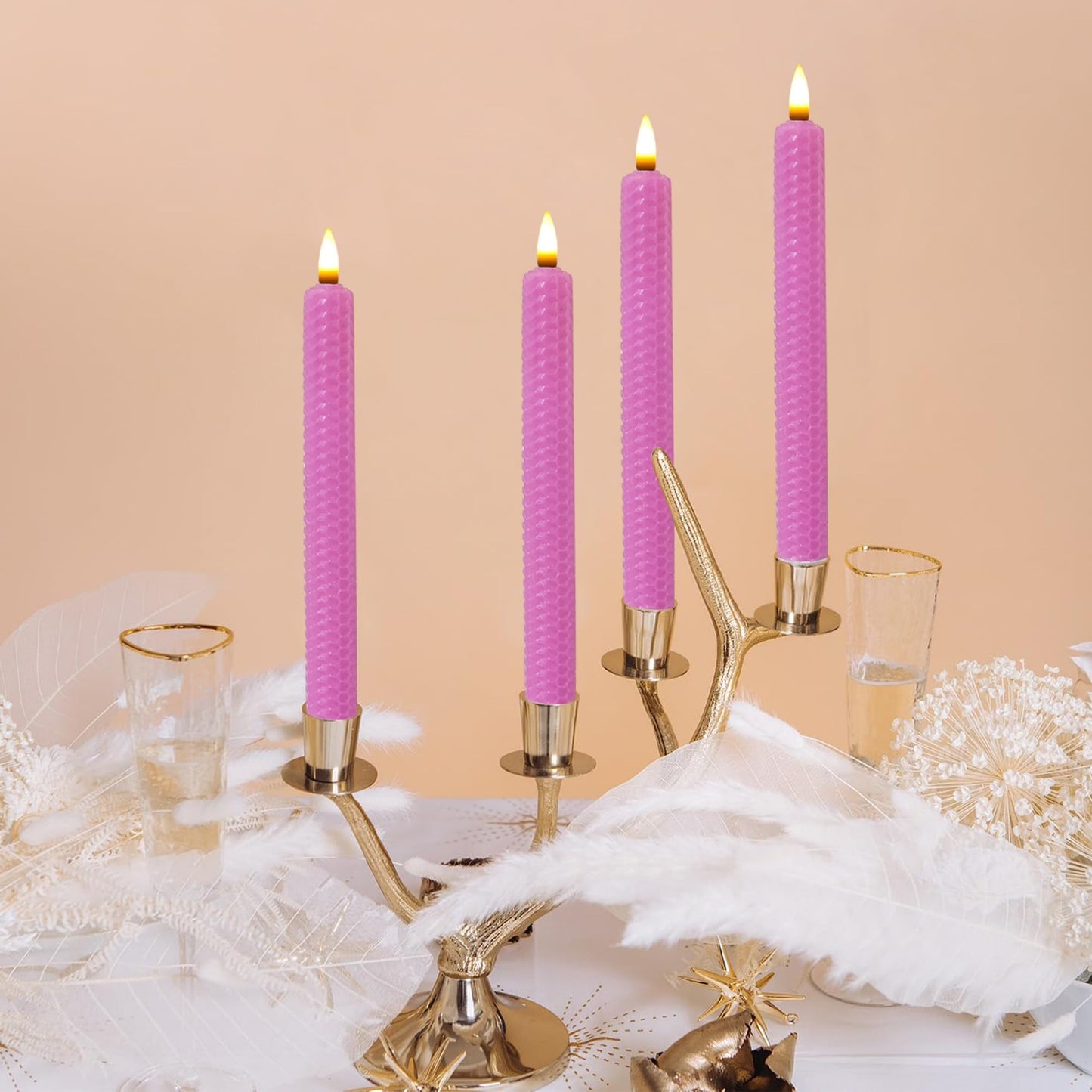 Gedengni Beeswax Honeycomb Flameless LED Taper Candles, 9.5 Inch Flickering Wax Candles with Remote & Timer, Pink Battery Operated Dripless Tapered Candle for Home Wedding Decor, 4 Pack
