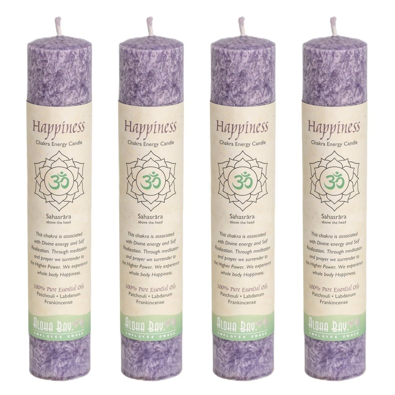 Premium Scented Candle Hand Made Chakra Energy Pillar | 4-Pack | Happiness, Sahasrara | Yoga, Prayer & Meditation Candle | Long Burn 15 Hours | Essential Oils of Patchouli & Frankincense | Aloha Bay