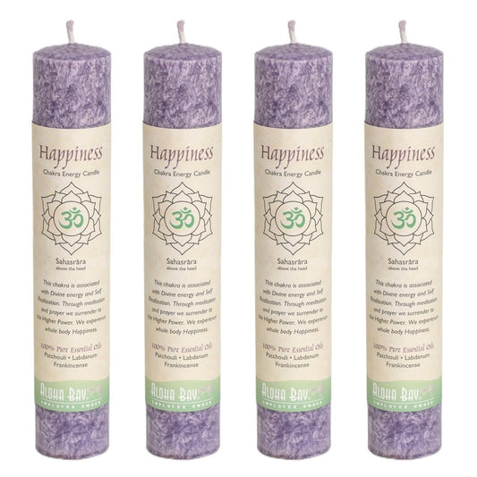 Premium Scented Candle Hand Made Chakra Energy Pillar | 4-Pack | Happiness, Sahasrara | Yoga, Prayer & Meditation Candle | Long Burn 15 Hours | Essential Oils of Patchouli & Frankincense | Aloha Bay