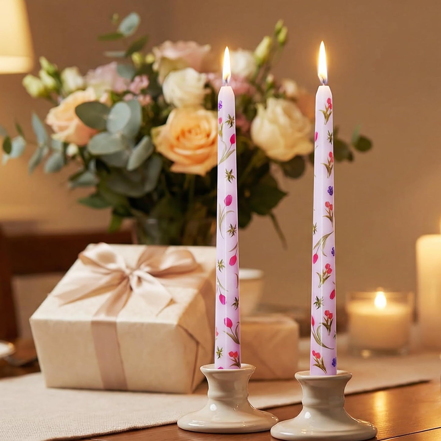 FYBW 10 Inch Purple Taper Candles Set of 2 Unscented Smokeless Tall Print Tapered Candles with Tulip Flowers for Mother's Day, Weddings Holiday Parties
