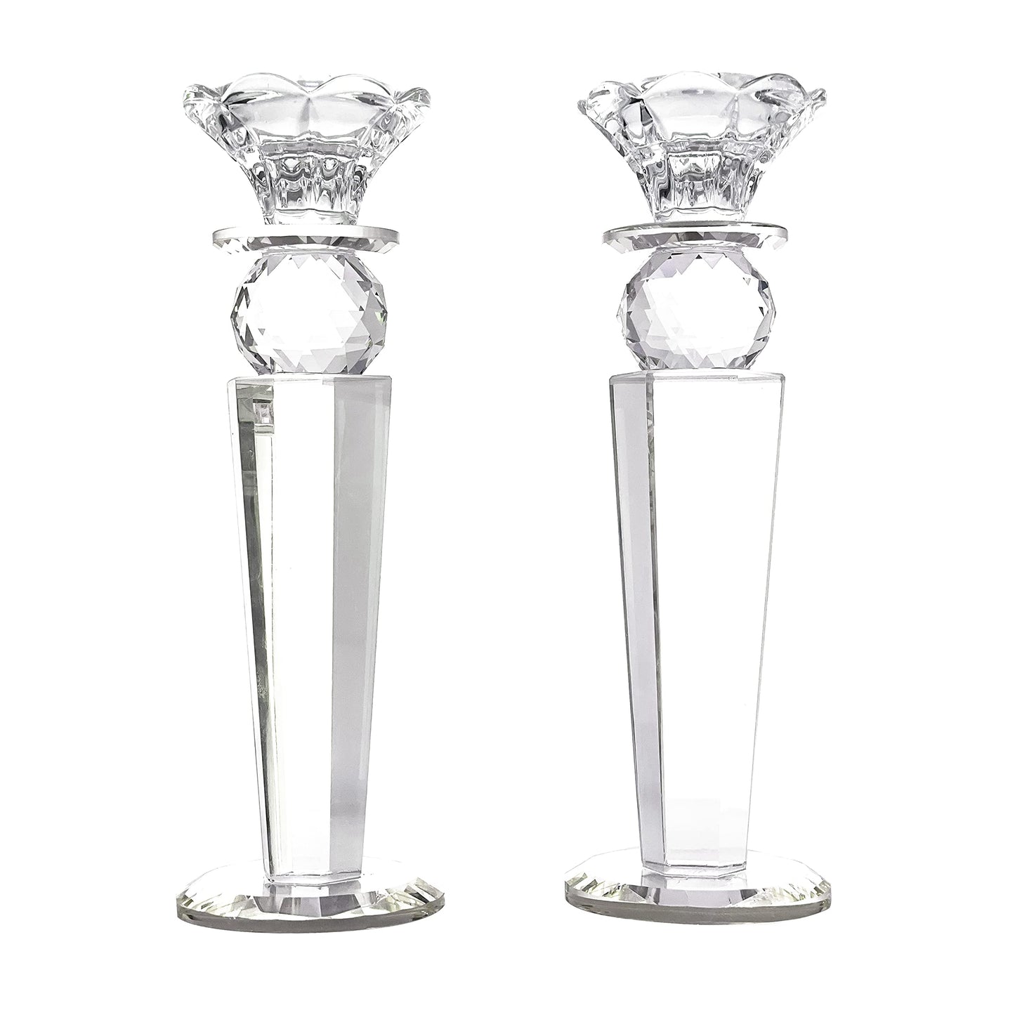 Allgala Set of 2 Crystal Glass Made Reverse Tapered Pillar and Hand Crafted Ball Candlesticks-8.5"-HD89151