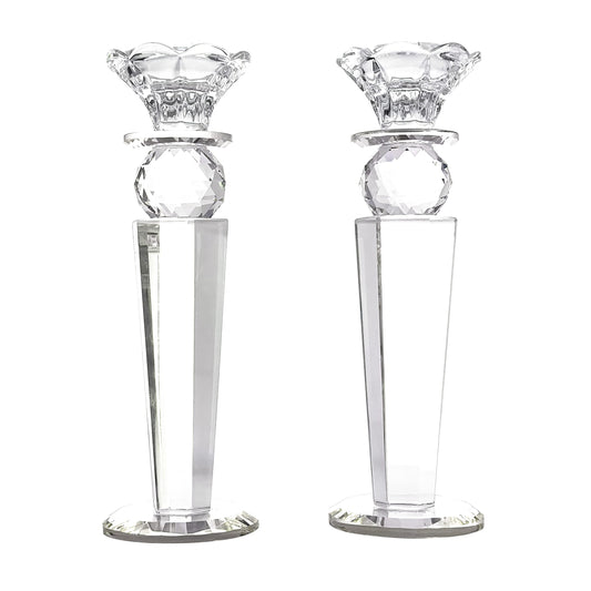 Allgala Set of 2 Crystal Glass Made Reverse Tapered Pillar and Hand Crafted Ball Candlesticks-8.5"-HD89151