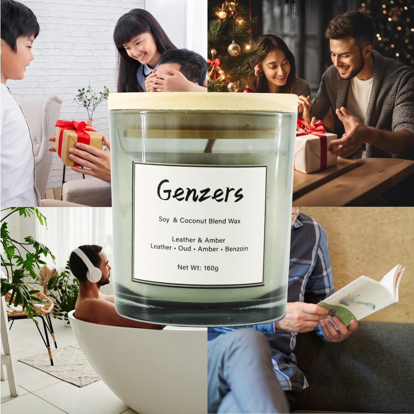 Amber and Leather Scented Candle Gift for Men,Woody Scent Candle Clean Burning,Perfumed Candles Patchouli Scent,Jar Candle for Warmer Lamp,Non Toxic Vegan Candle with Cotton Wick
