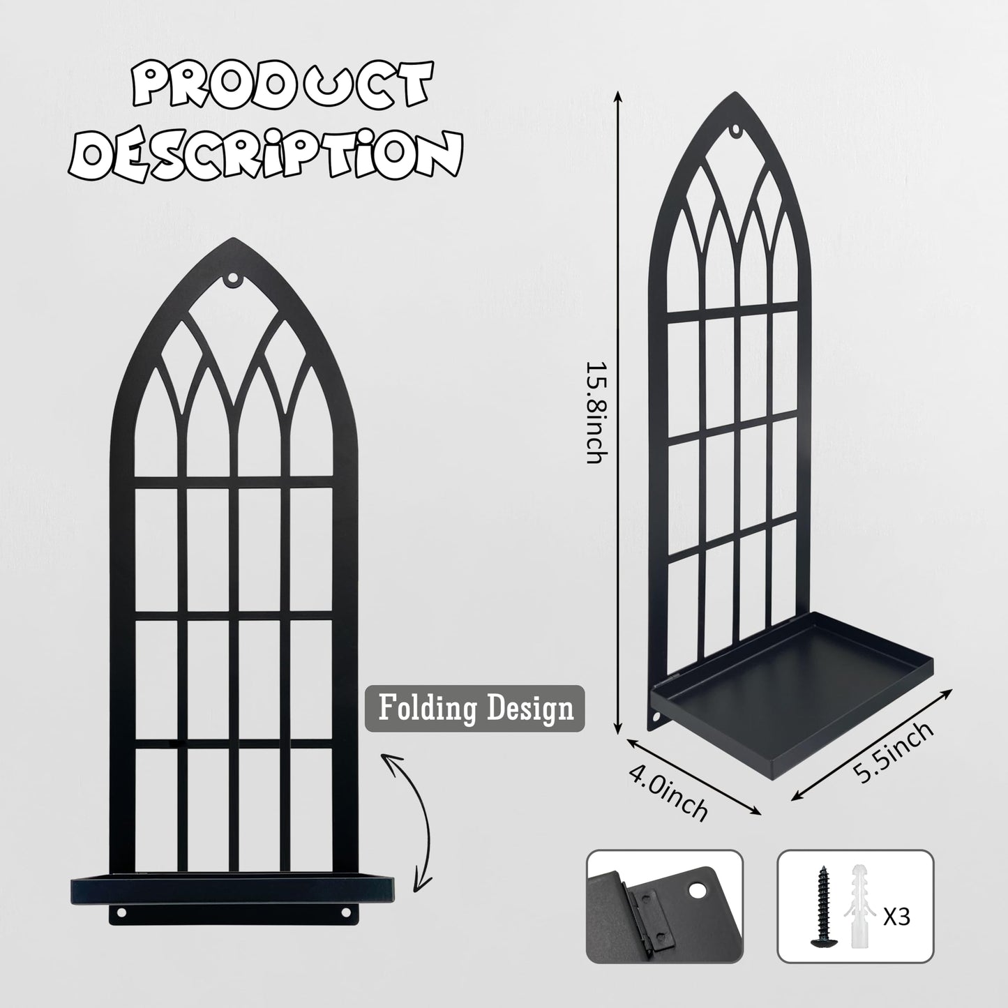 Gothic Wall Sconces Set of Two Candle Holder, Black Metal Gothic Wall Decor, Arched Church Wall Sconces, Rustic Farmhouse Home Wall Art Decor for Living Room, Bathroom, Bedroom, Dining Room(Arched)