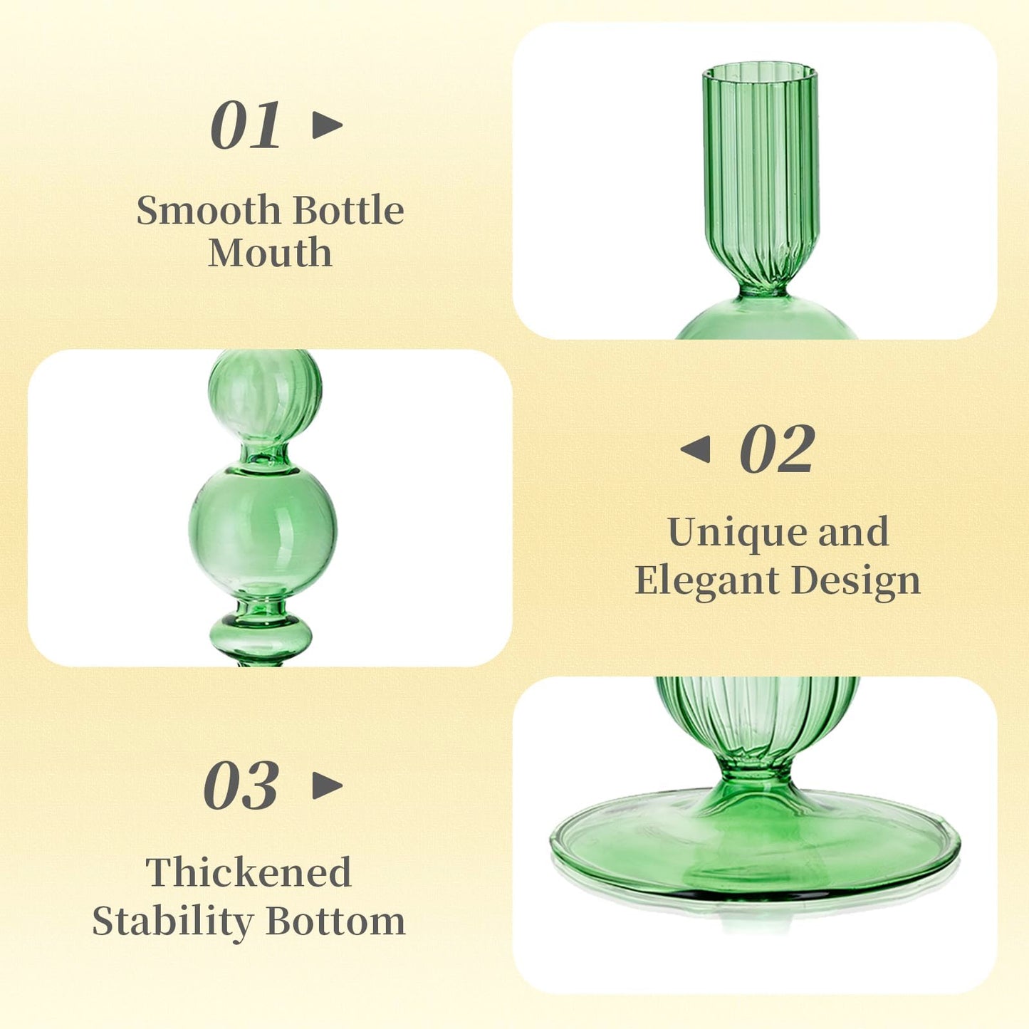 Hewory Glass Candlestick Holders Set: 3PCS Green Candle Holder Taper Candle Holders Bulk, Crystal Ribbed Candle Sticks Holder Decor for Table Centerpiece Wedding Christmas Thanksgiving Dinner