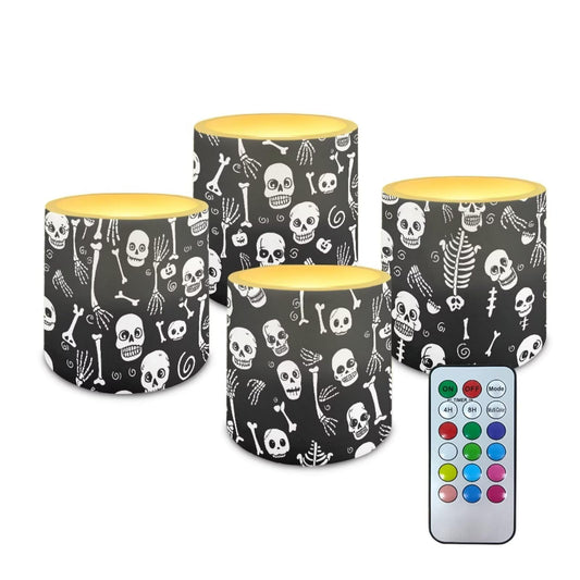 Merkmak Pack of 4 Flameless Candles with Remote, Halloween Skeleton Battery Operated Candles with Timer Waterproof Flameless Pillar Tea Lights for Indoor Outdoor Party Banquet Decorations