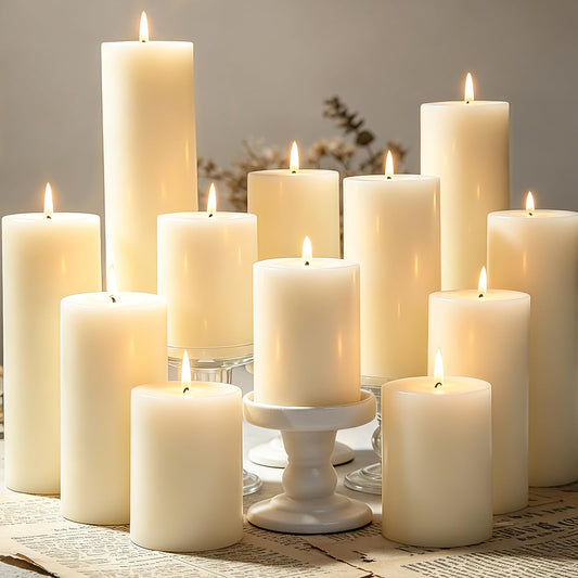 Ivory Pillar Candles Set, 12 Packs, 2.8 in x 4, 6, 8 Inch Assorted Size Unscented Pillar Candles Bulk for Home Decor, Long Burning Candle for Emergency, Holiday Dinner, Dripless & Smokeless