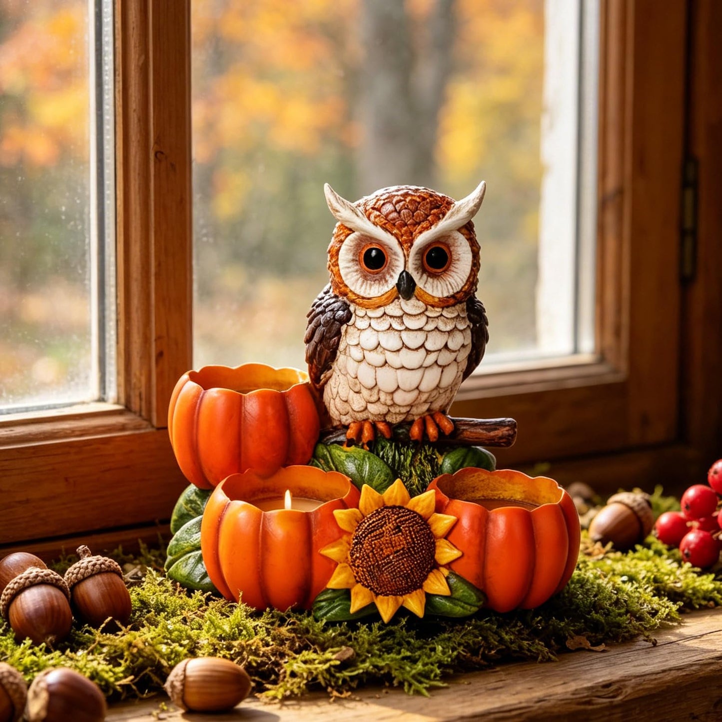 Fall Owl Candle Holder with 3 Pumpkin Tealight Holders & Sunflower, Rustic Owl Statue Thanksgiving Table Centerpieces Autumn Decorative Candle Holders for Home, Farmhouse