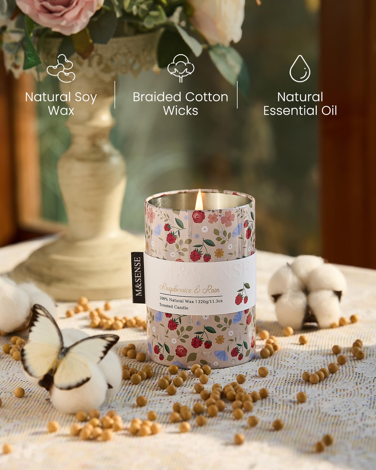 M&SENSE Spring Candle 11.3 oz, Raspberries Rain Scented Candle, Non-Toxin Soy Wax for Home Scented, Floral Candles Gift for Her, Up to 70 Hours Burning Long-Lasting Fragrance