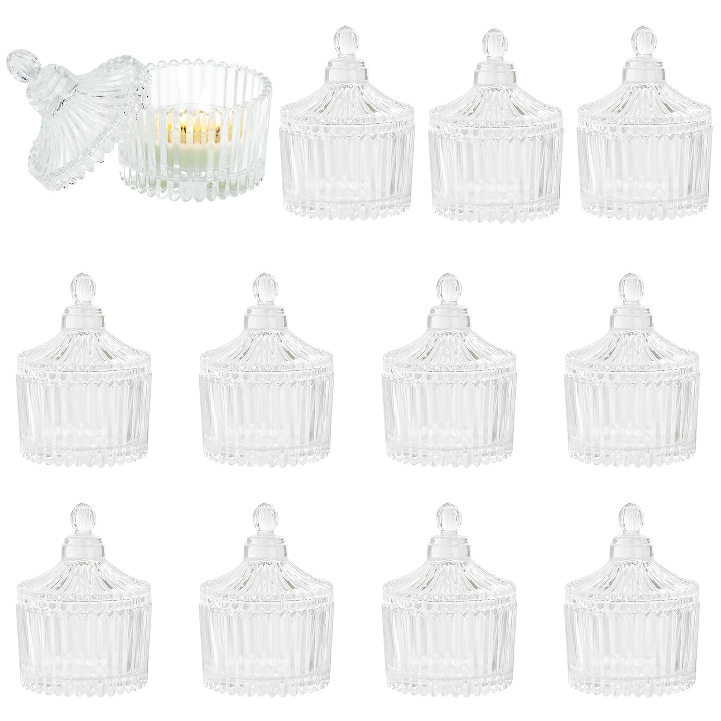 Jollyhilan 12 Pack Candle Holders with Lids,Tealight Candle Holders Pack Alone,Glass Holders for Pillar Candles,Wedding, Home Decor, Candy Glass Storage